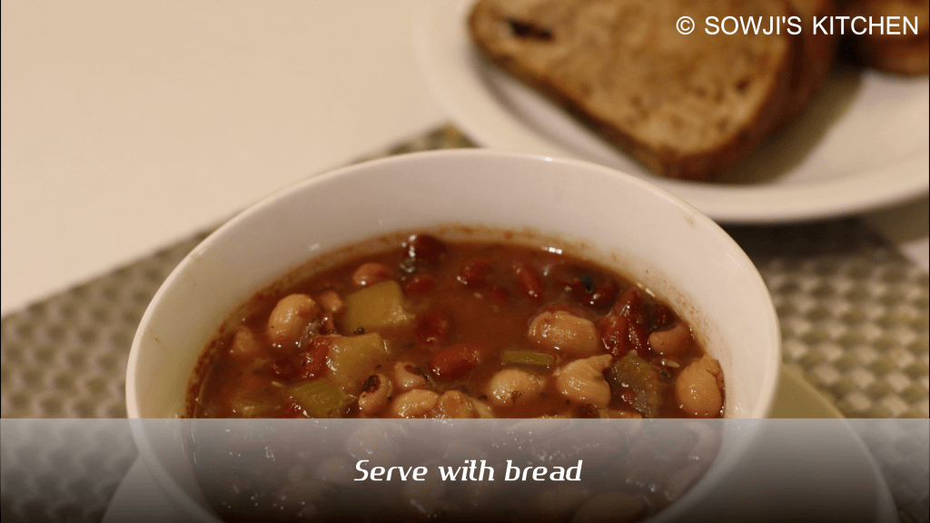 Serve the Vegetable Minestrone Soup cooked in Instantpot with a side of garlic bread