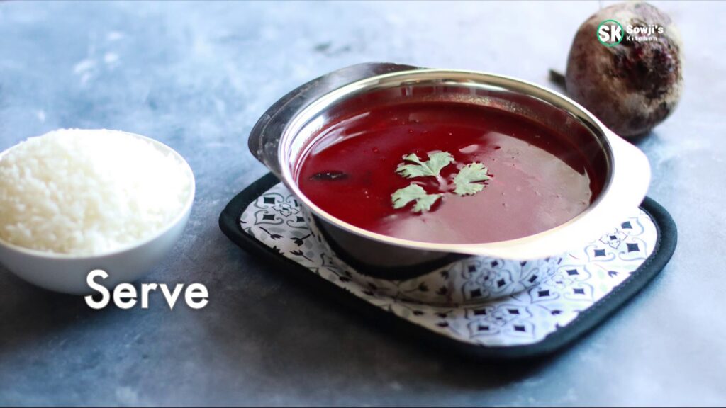 Serve beetroot rasam with hot rice or as beetroot soup